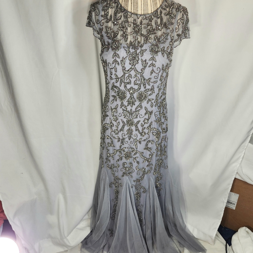 Adrianna Papell Silver Beaded Lace Evening Gown